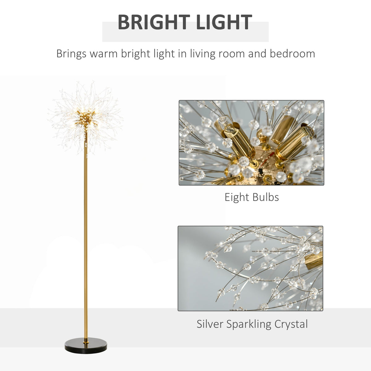 The floor lamp with close-up insets showing the eight bulbs and crystal details