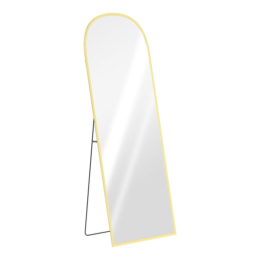 HOMCOM 165cm Aluminium Frame Standing Mirror with a gold arched top and a black metal support stand