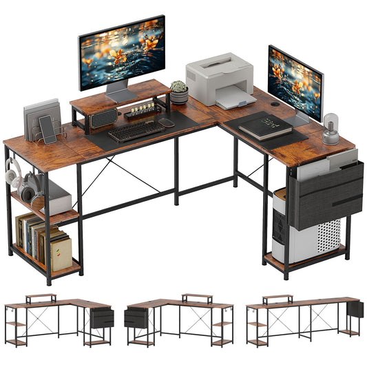 HOMCOM 168cm Reversible L Shaped Desk with two computer monitors and a printer