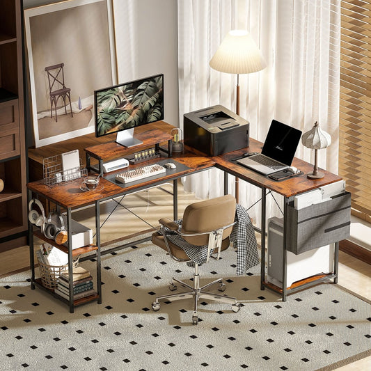 The industrial corner computer desk set up in a room with a chair and lamp