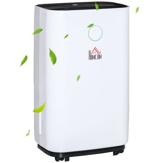 HOMCOM 16L/Day Portable Dehumidifier in white with green leaves floating around it