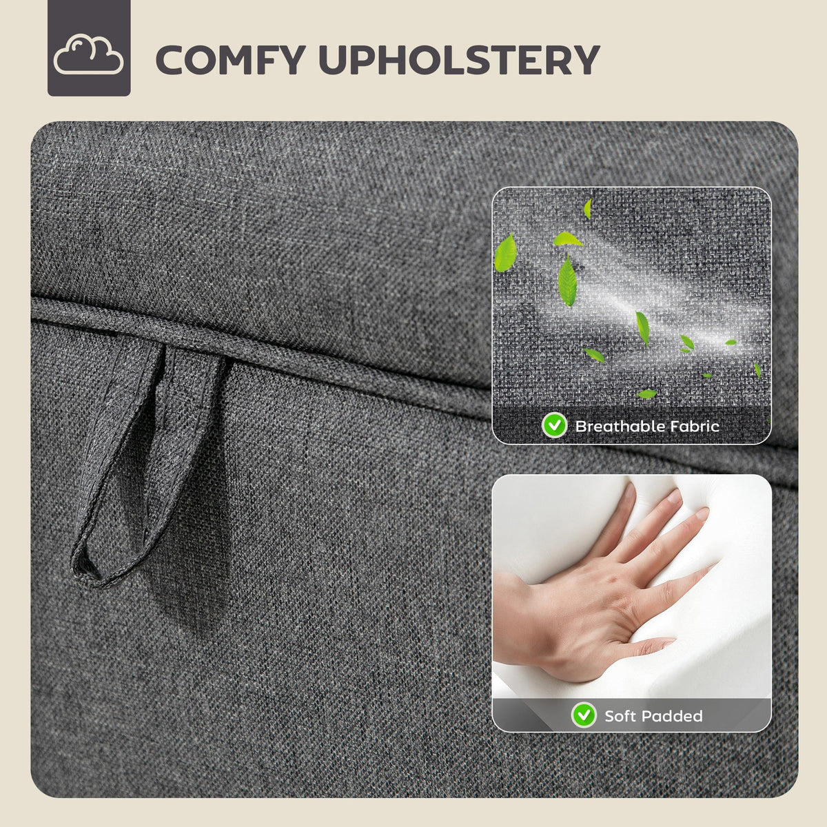 Close up of the padded upholstery and breathable fabric of the storage ottoman
