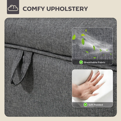 Close up of the padded upholstery and breathable fabric of the storage ottoman