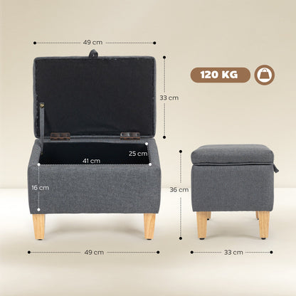 Dimensions of the charcoal grey storage ottoman, showing height, width and depth