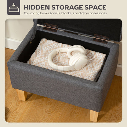 The open storage ottoman reveals a hidden storage space for blankets and headphones