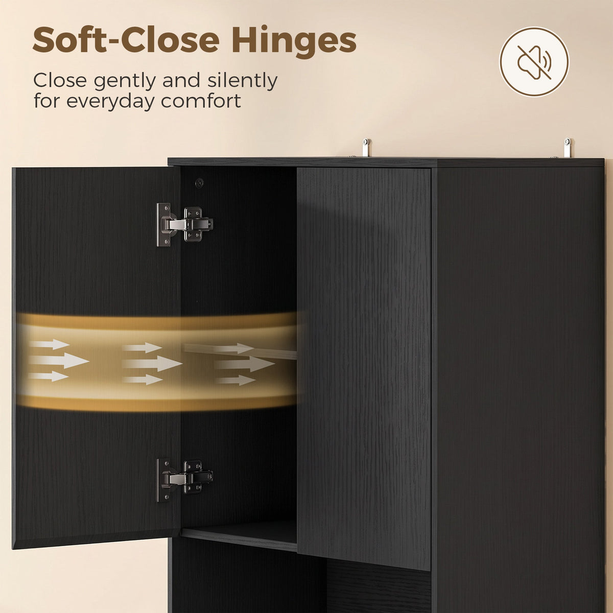 Close-up of the soft-close hinges on the doors of the black wood effect kitchen cabinet