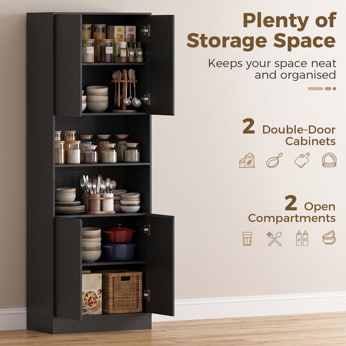 The tall black wood effect kitchen cabinet with its doors open, displaying organised items