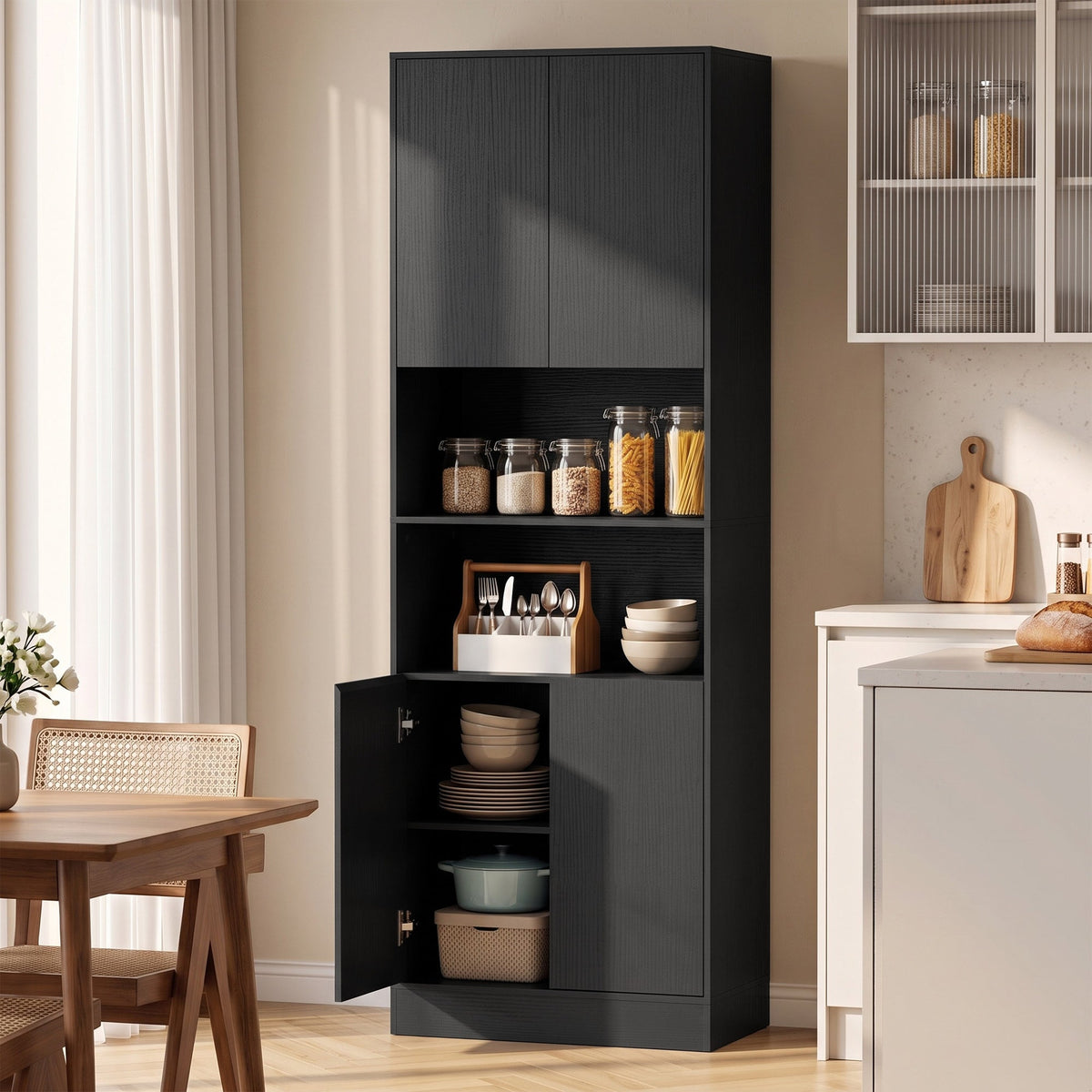 The kitchen pantry cabinet with its doors open, showing shelves filled with jars and dishes