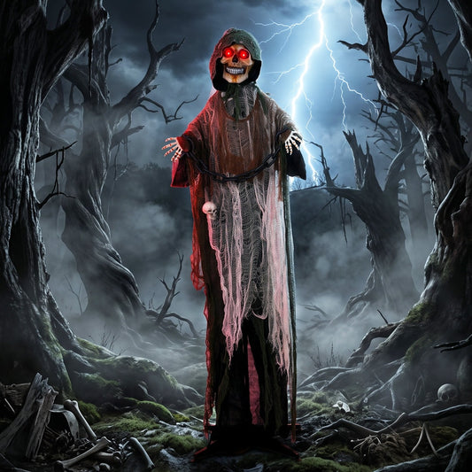 the animated grim reaper in a spooky forest scene with lightning