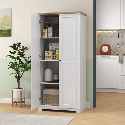 The modern kitchen pantry cupboard filled with food items and crockery in a domestic setting