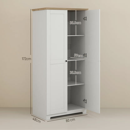 The white kitchen storage cabinet with dimensions shown, featuring two doors and shelves