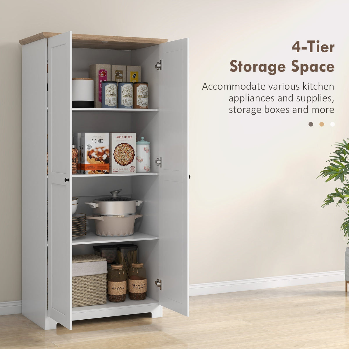 The tall kitchen cupboard with its doors open, displaying ample storage space for kitchen supplies