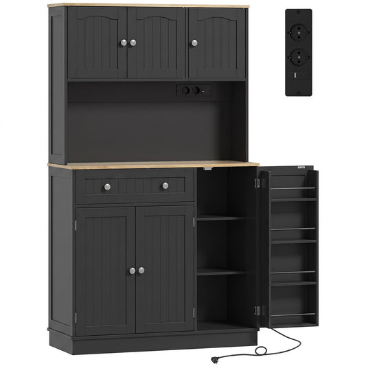 HOMCOM 173 cm Tall Kitchen Cupboard with Charging Station, a dark grey storage cabinet with a wooden top and open shelves