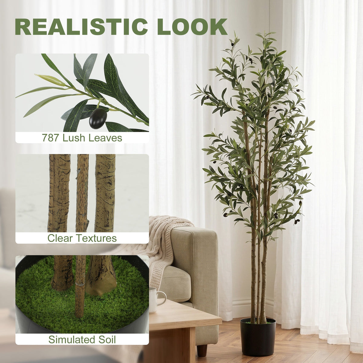 The artificial plant with close-up insets showing the leaves, textured trunk and soil base