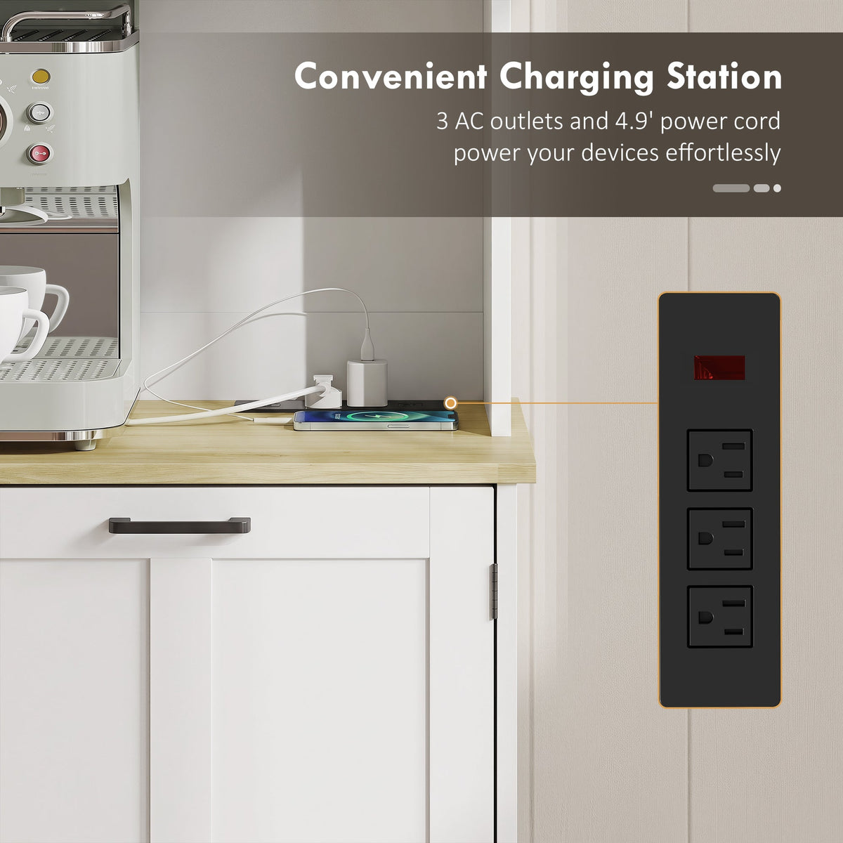 The charging station on the kitchen cabinet