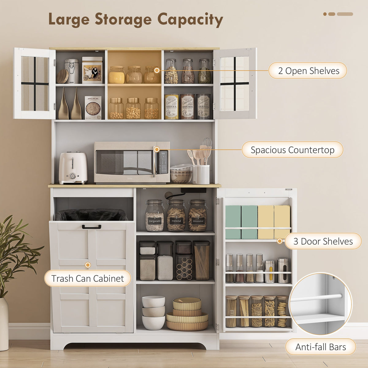 The kitchen storage cabinet with labelled features