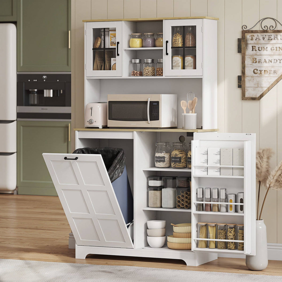 The kitchen cabinet filled with food items and a microwave