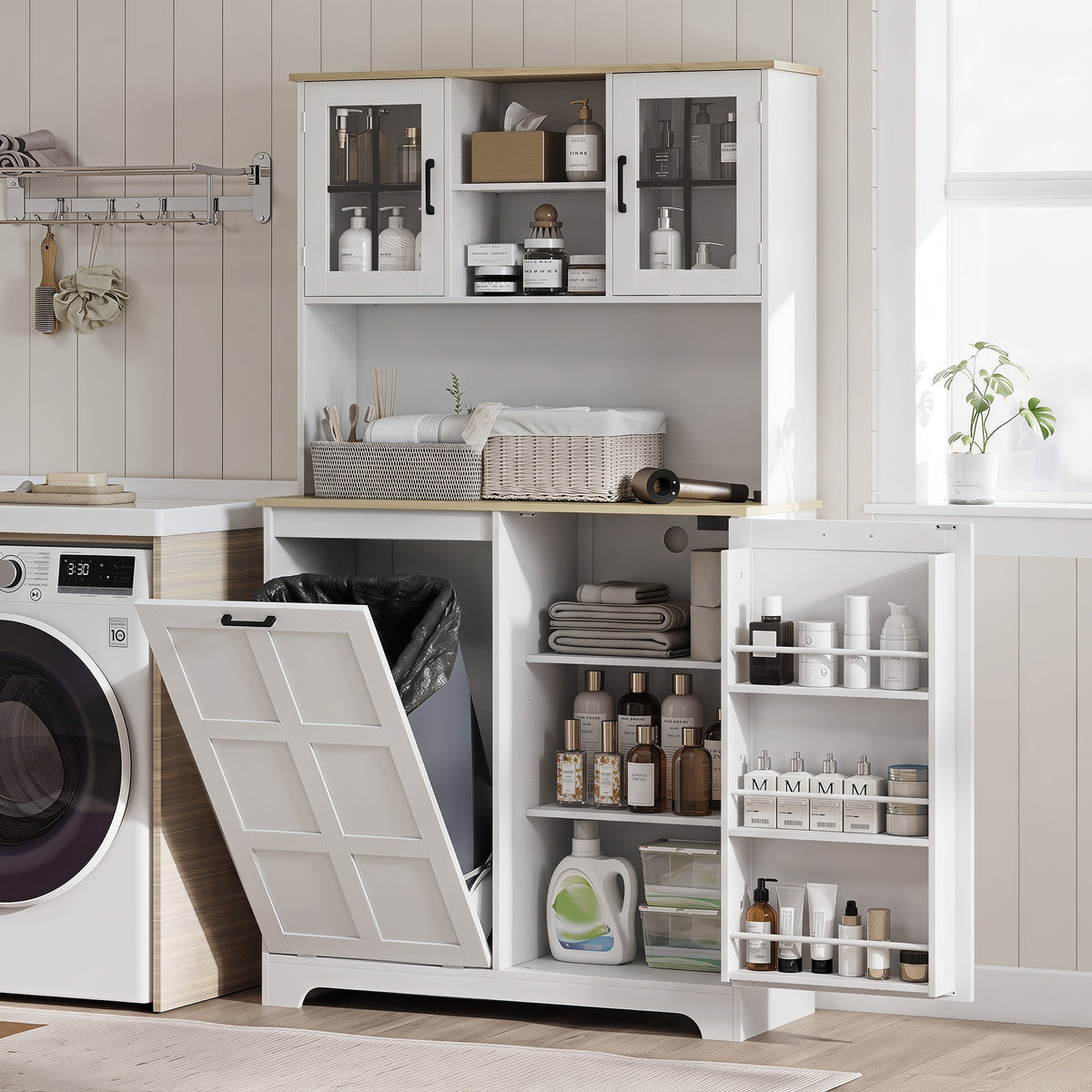 The white kitchen storage unit in a laundry room setting