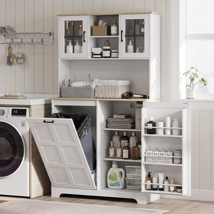 The white kitchen storage unit in a laundry room setting
