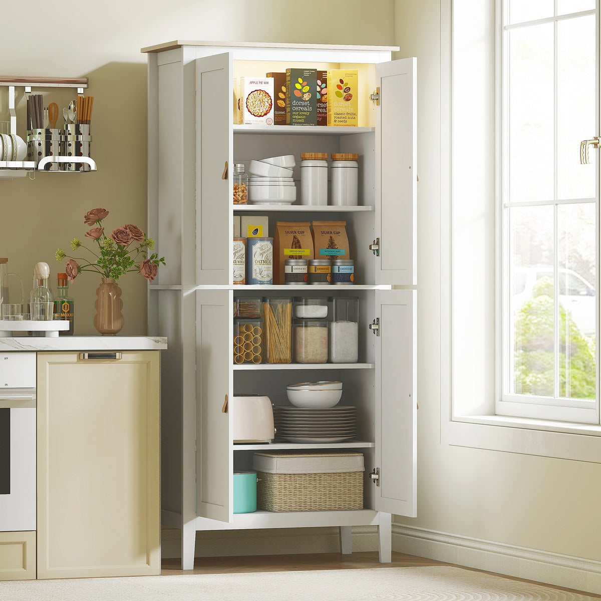 the white pantry cupboard standing in a kitchen with doors open and illuminated shelves