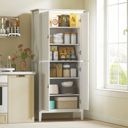 the white pantry cupboard standing in a kitchen with doors open and illuminated shelves