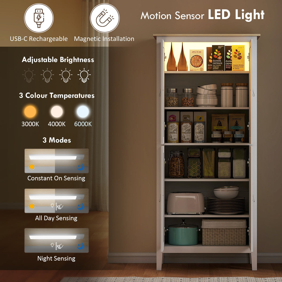 The tall cabinet highlighting the motion sensor LED light settings and modes