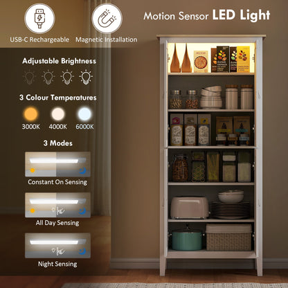 The tall cabinet highlighting the motion sensor LED light settings and modes