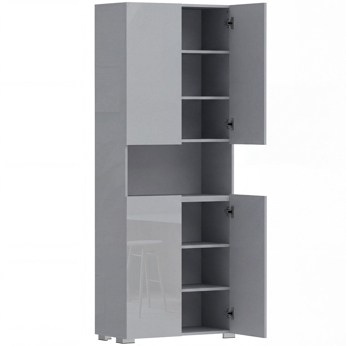 HOMCOM 180 cm Tall Kitchen Cupboard, a tall grey high gloss storage unit with two sets of double doors