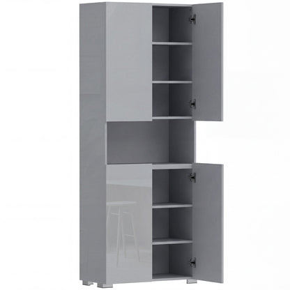 HOMCOM 180 cm Tall Kitchen Cupboard, a tall grey high gloss storage unit with two sets of double doors