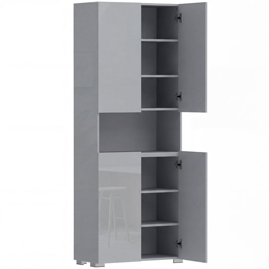 HOMCOM 180 cm Tall Kitchen Cupboard, a tall grey high gloss storage unit with two sets of double doors