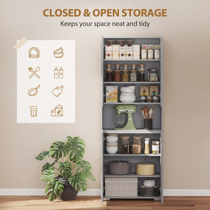 The pantry storage cabinet is open, revealing shelves filled with jars and kitchenware