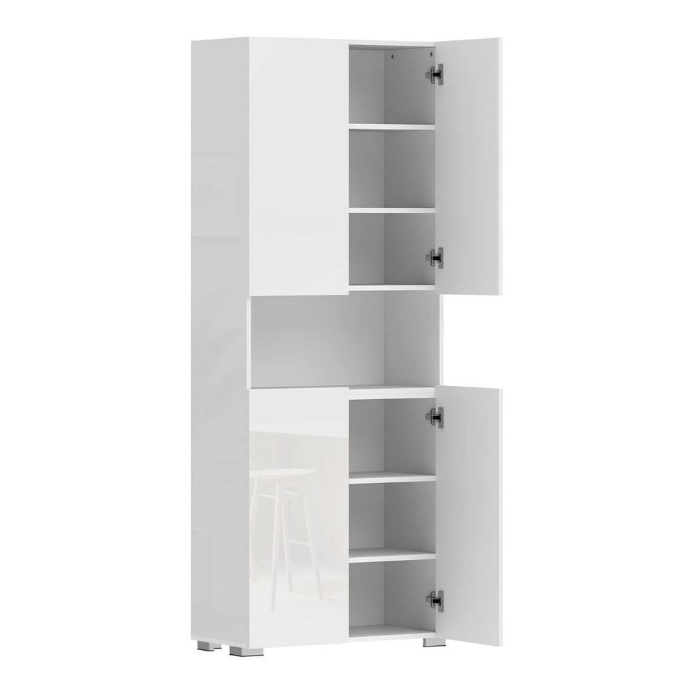 HOMCOM 180 cm Tall Kitchen Cupboard, a white high gloss storage cabinet with doors open showing shelves