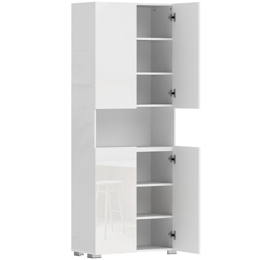 HOMCOM 180 cm Tall Kitchen Cupboard, a white high gloss storage cabinet with doors open showing shelves