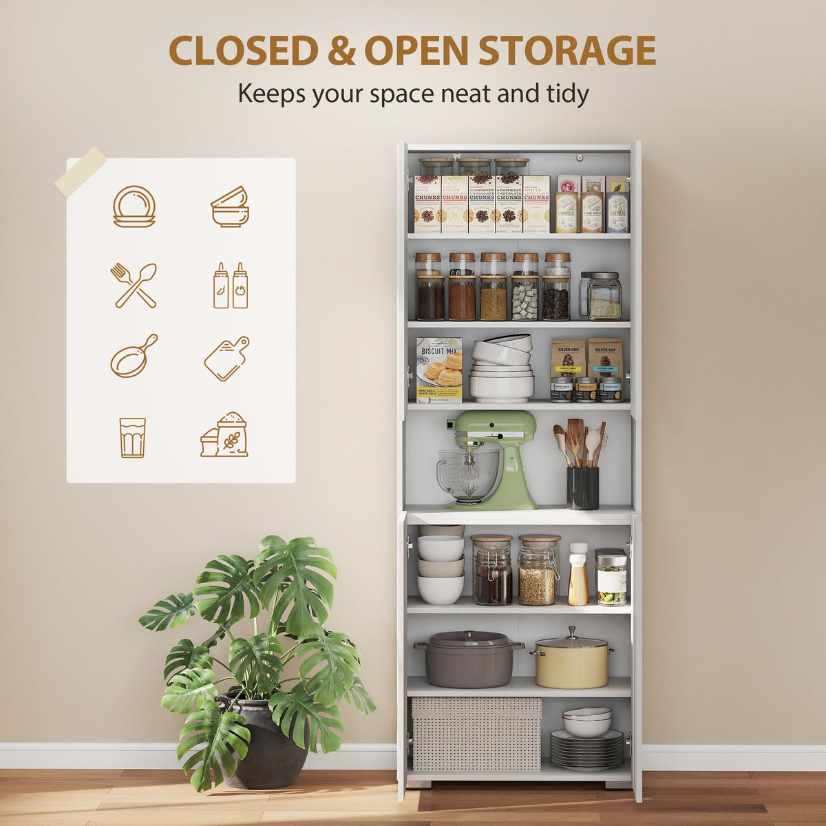 The tall kitchen cabinet shown with its doors open and filled with food items and kitchenware