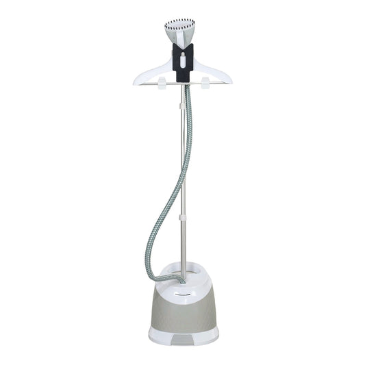 HOMCOM 1800W Standing Clothes Steamer in grey with a hanger and steam nozzle