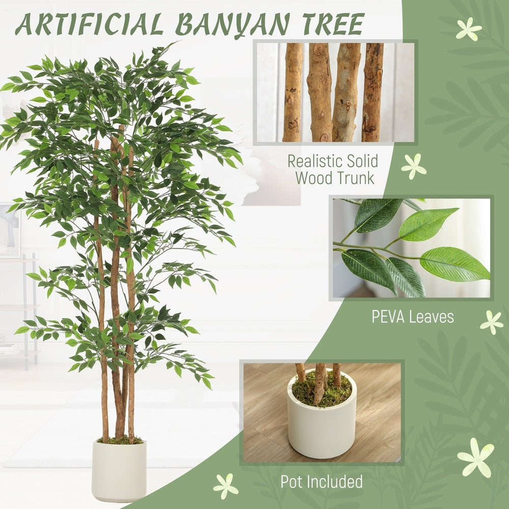 Close-up views of the artificial ficus tree's realistic solid wood trunk and PEVA leaves