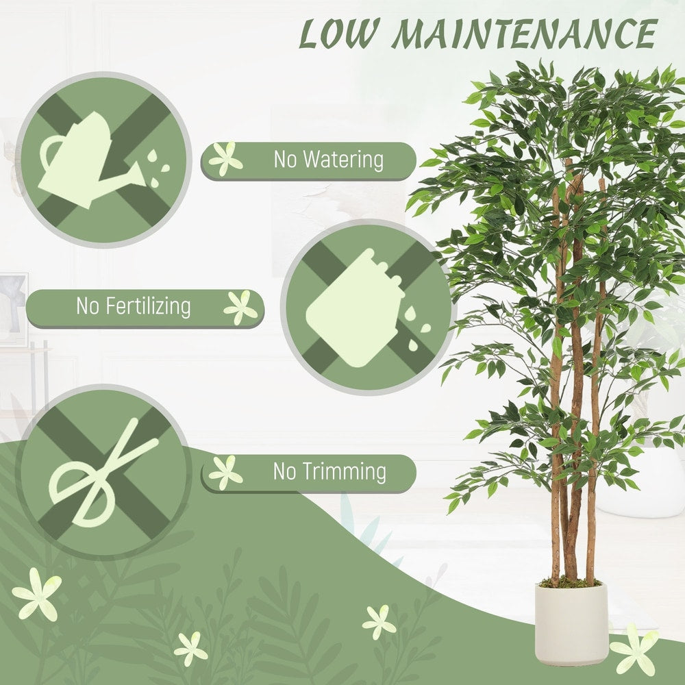 The artificial plant shown with icons indicating low maintenance features like no watering or fertilizing