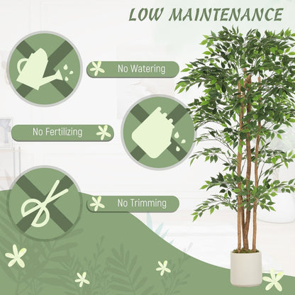 The artificial plant shown with icons indicating low maintenance features like no watering or fertilizing
