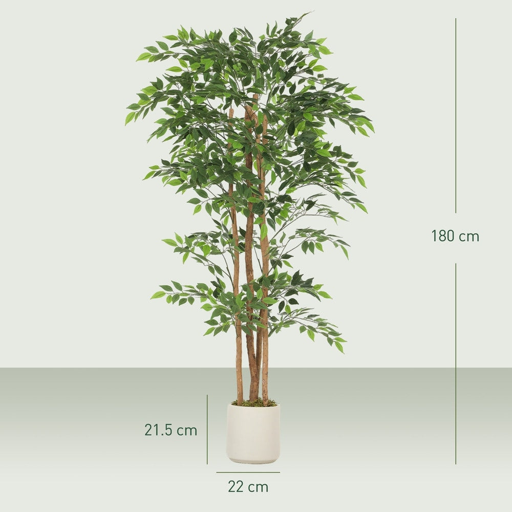 A size diagram showing the dimensions of the artificial ficus tree and its pot