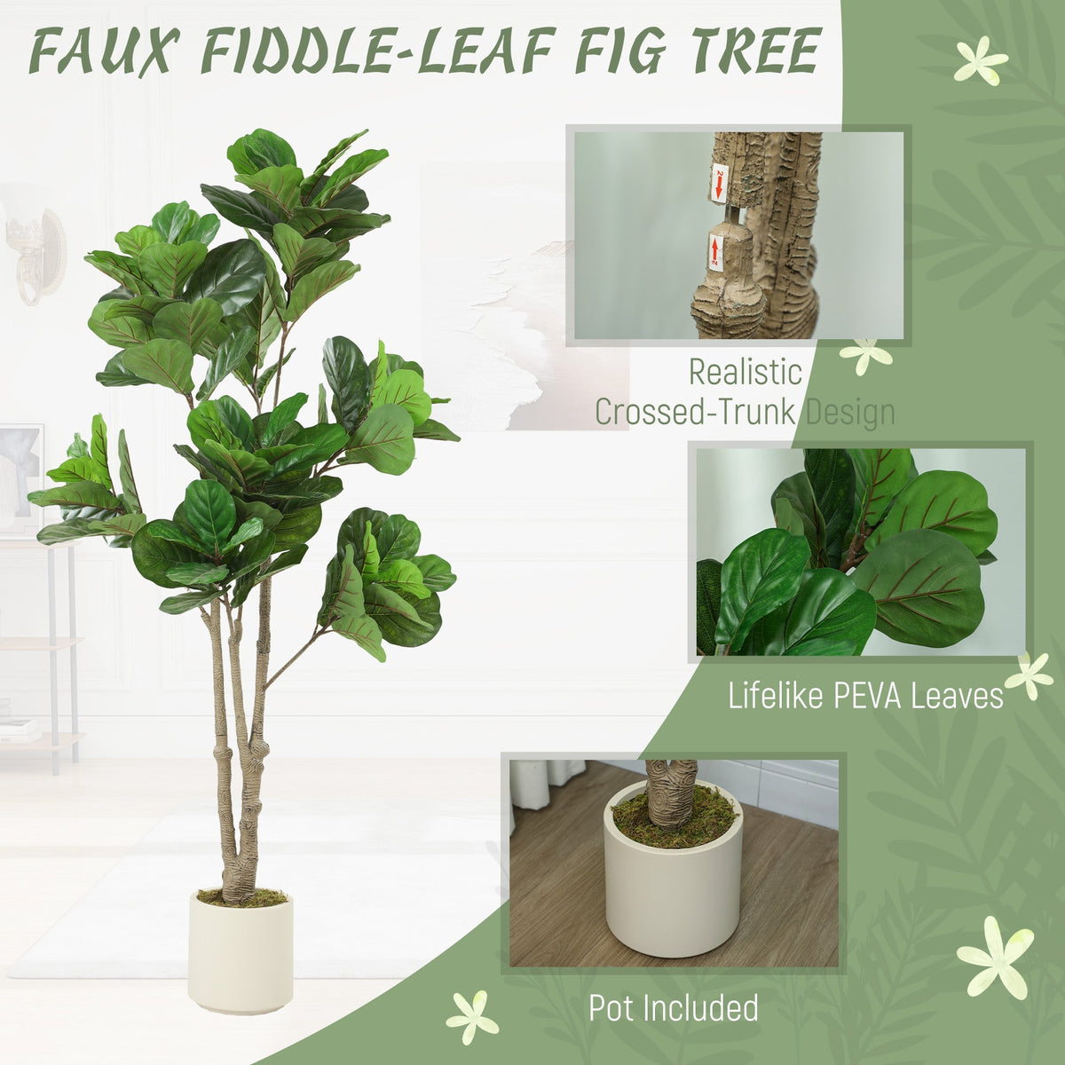 Close up of the realistic leaves and crossed trunk design of the artificial fiddle leaf fig tree