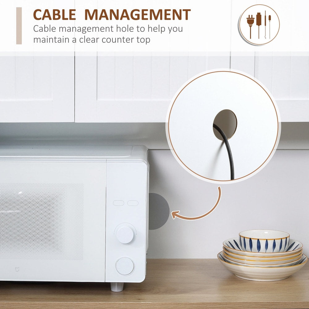 Close-up of the back of the kitchen storage unit showing a cable management hole