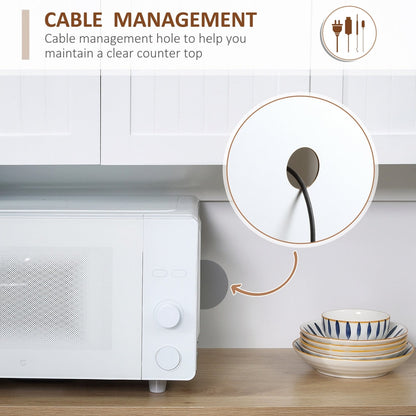 Close-up of the back of the kitchen storage unit showing a cable management hole