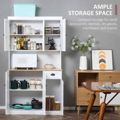 The kitchen storage unit is filled with various items including jars, bowls, and a microwave