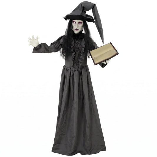 HOMCOM 180cm Life Size Animated Witch Halloween Decorations standing full length holding a book