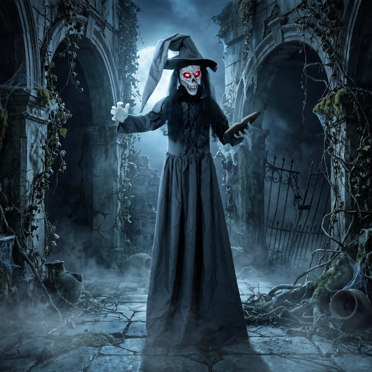 the animated witch decoration in a spooky graveyard setting at night