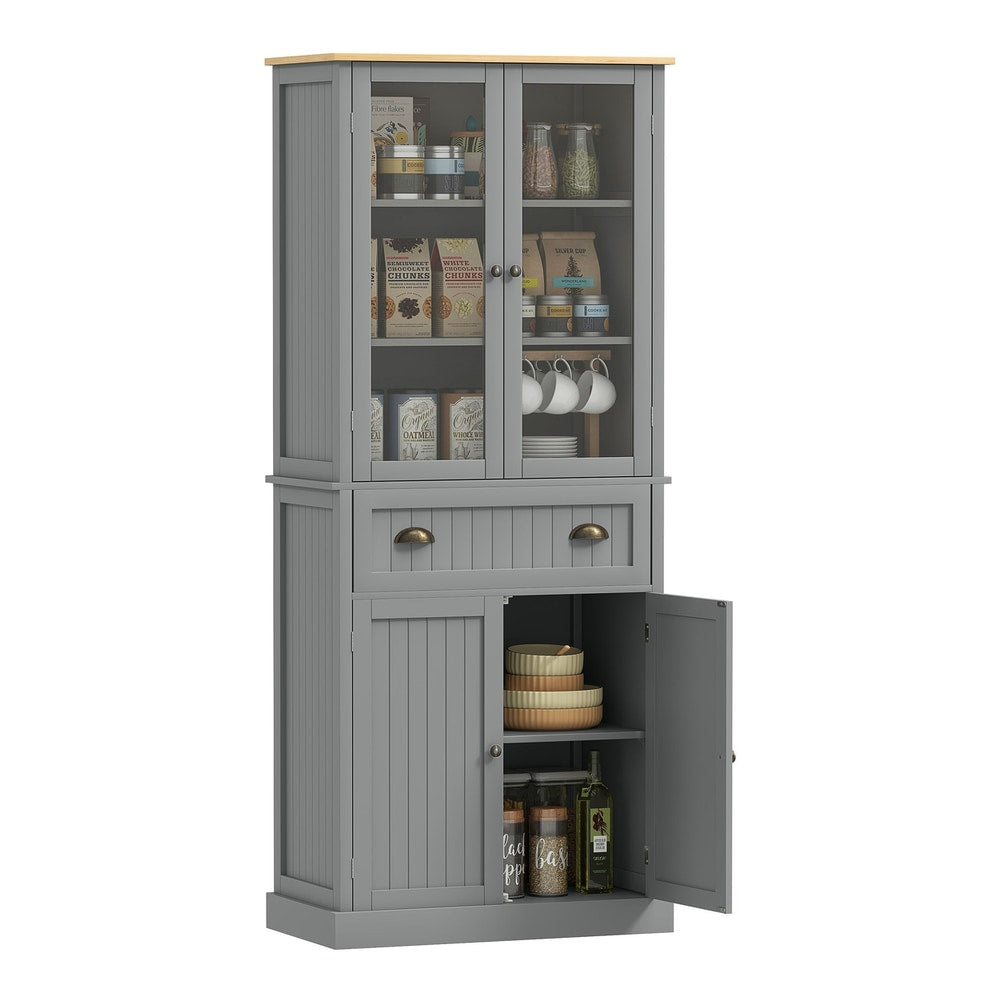 HOMCOM 180cm Tall Kitchen Pantry Cupboard with glass doors and one open lower cabinet door