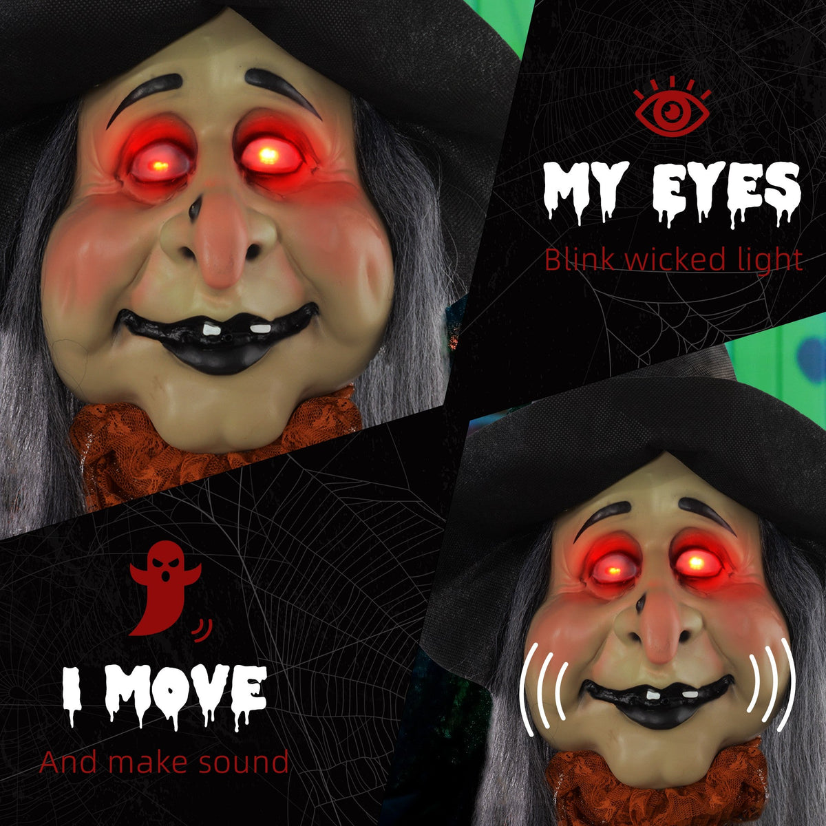 Close up of the halloween witch face showing glowing red eyes and moving mouth