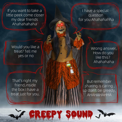 The halloween witch surrounded by speech bubbles with spooky phrases and creepy sound text