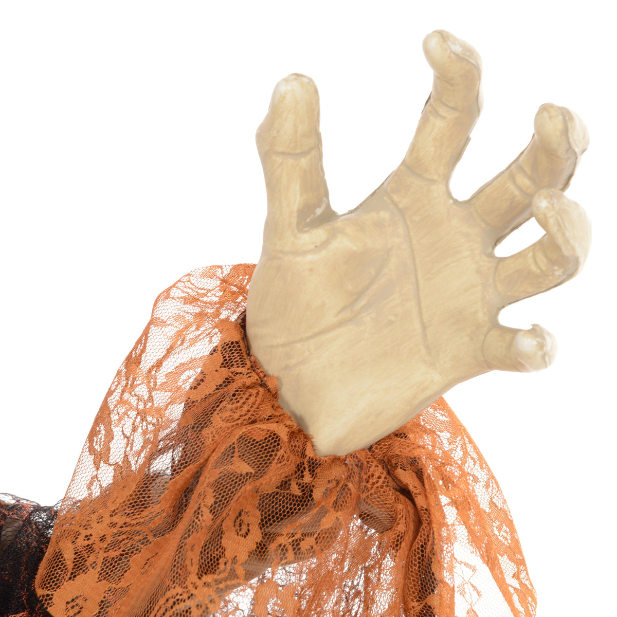 Close up of the halloween witch hand with long fingers and lace sleeve detail