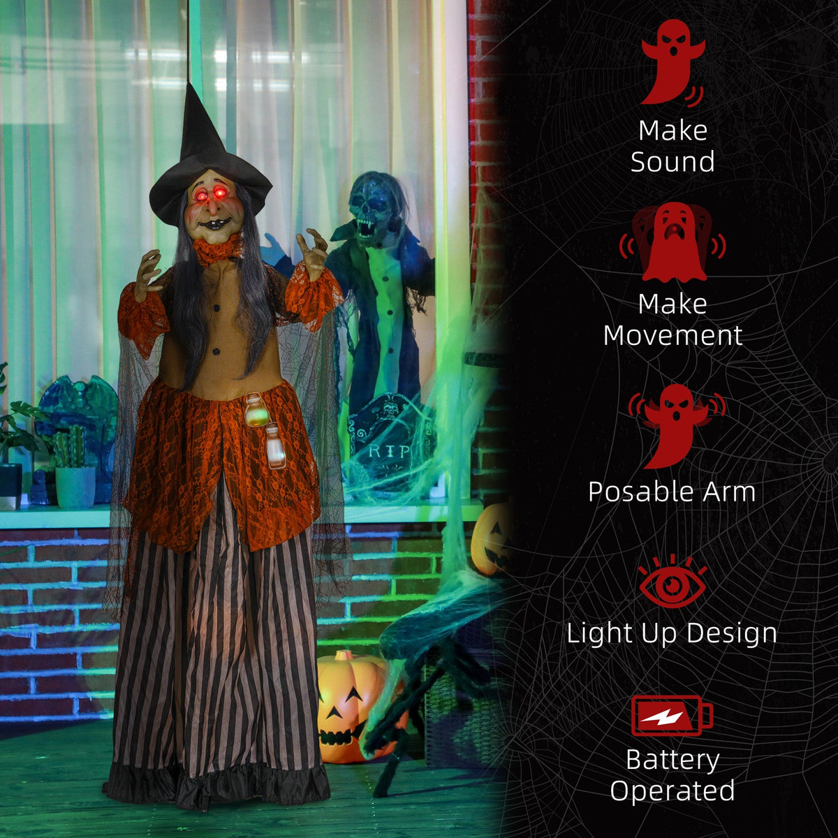 The halloween witch standing in a decorated room with a list of product features